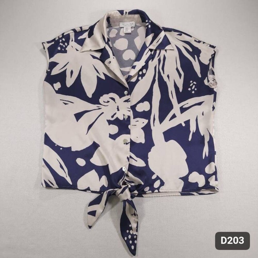 Rachel Zoe Resort Sleeveless Collared Blouse XS Navy Blue White Floral Excellent